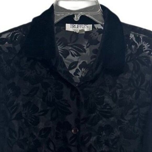 Vintage Truffles Blouse Womens Medium Black Jacquard Velvet Burnout Floral Sheer - Picture 3 of 10